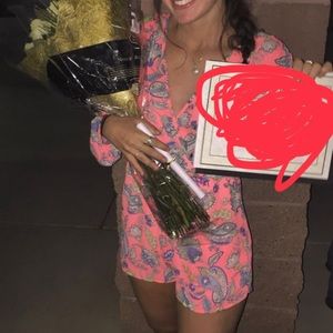 Bright coral paisley print formal romper